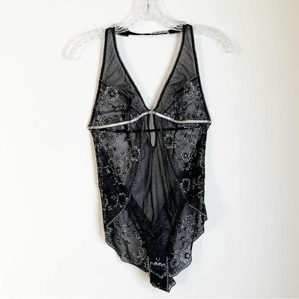 Victoria’s Secret Black Floral Lace Bodysuit, Scalloped Edges, Ruched @ Bottom